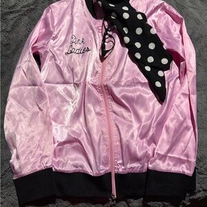 Pink Satin Jacket with Polka Dot Scarf